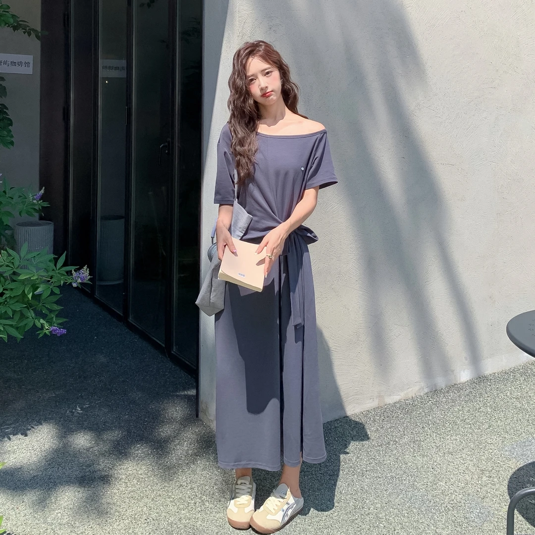 2025年夏季中长裙套头斜肩短袖粉色渐变连衣裙气质高腰小众富婆风