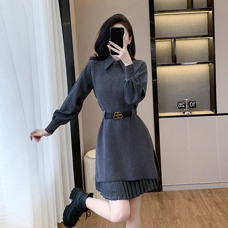 2025秋冬新款独特赫本风气质收腰针织连衣裙真两件套送腰带