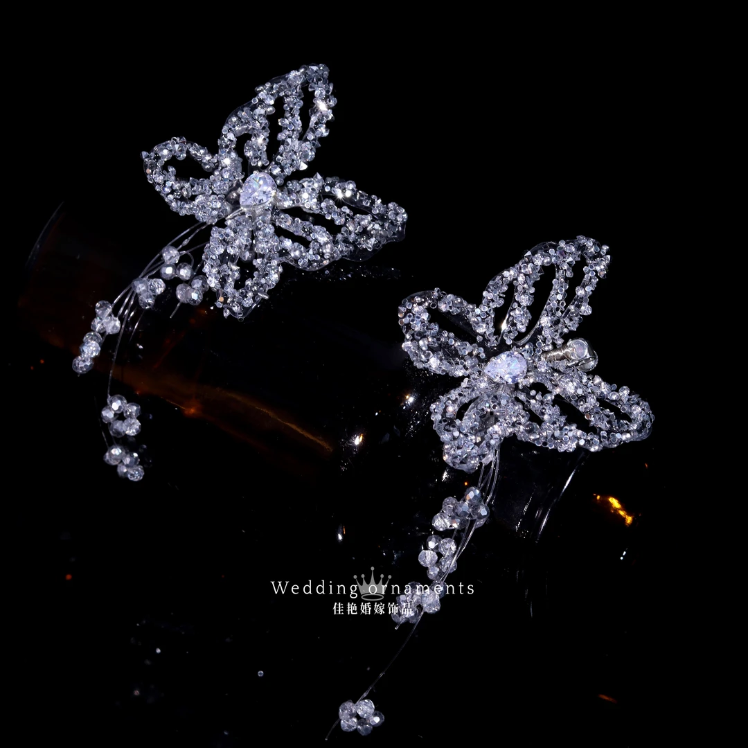 非金属仿水晶耳饰 1016新款超仙水凝胶蝴蝶冰蓝系耳夹新娘晨袍