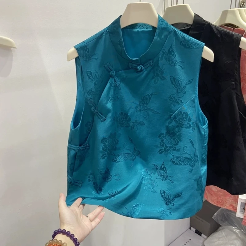 国风提花盘扣马甲无袖背心短外套女温柔设计感宽松显瘦高腰上衣夏