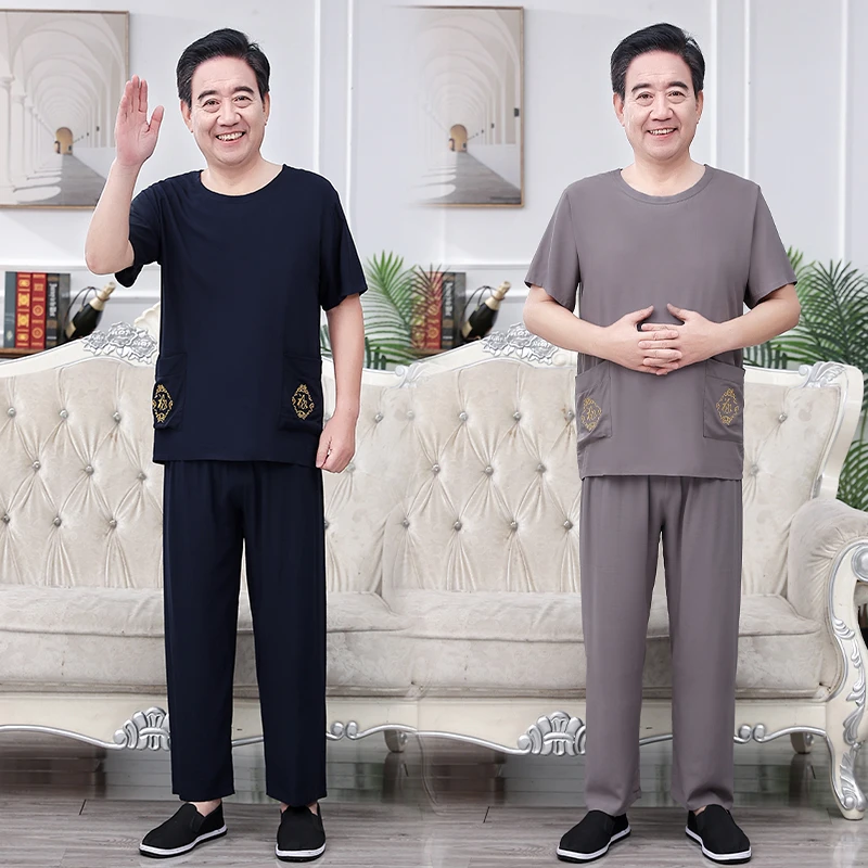 2025新款男士棉绸套装透气款式短袖长裤人造棉爷爷装简约款式男装