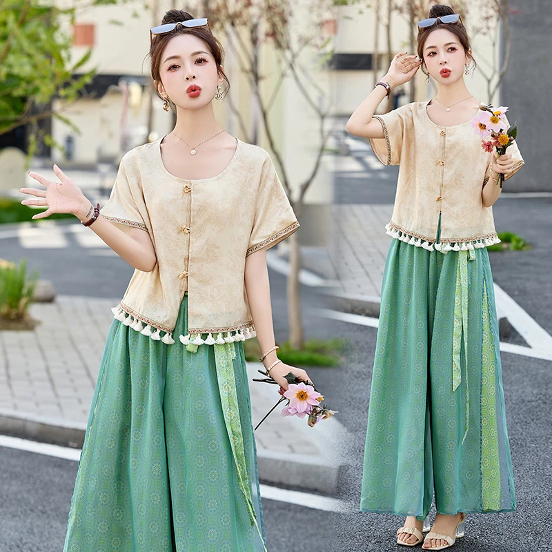 中国风民族风新中式2025两件套装唐装文艺阔腿裤女装气质洋气显瘦