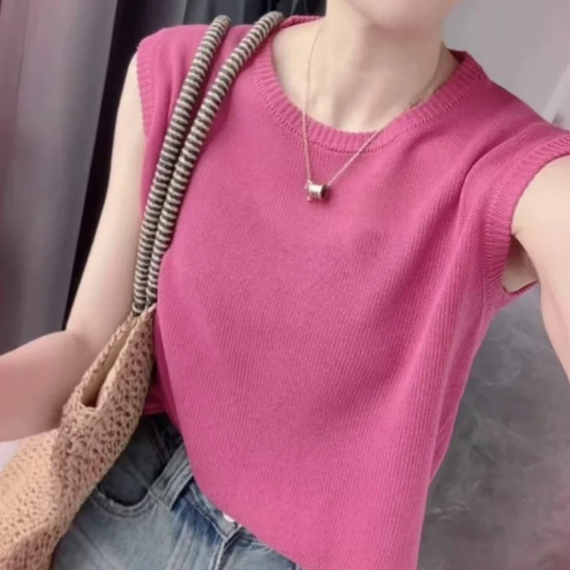 树莓粉～巨显白针织衫遮肉显瘦25新款短袖衫6916