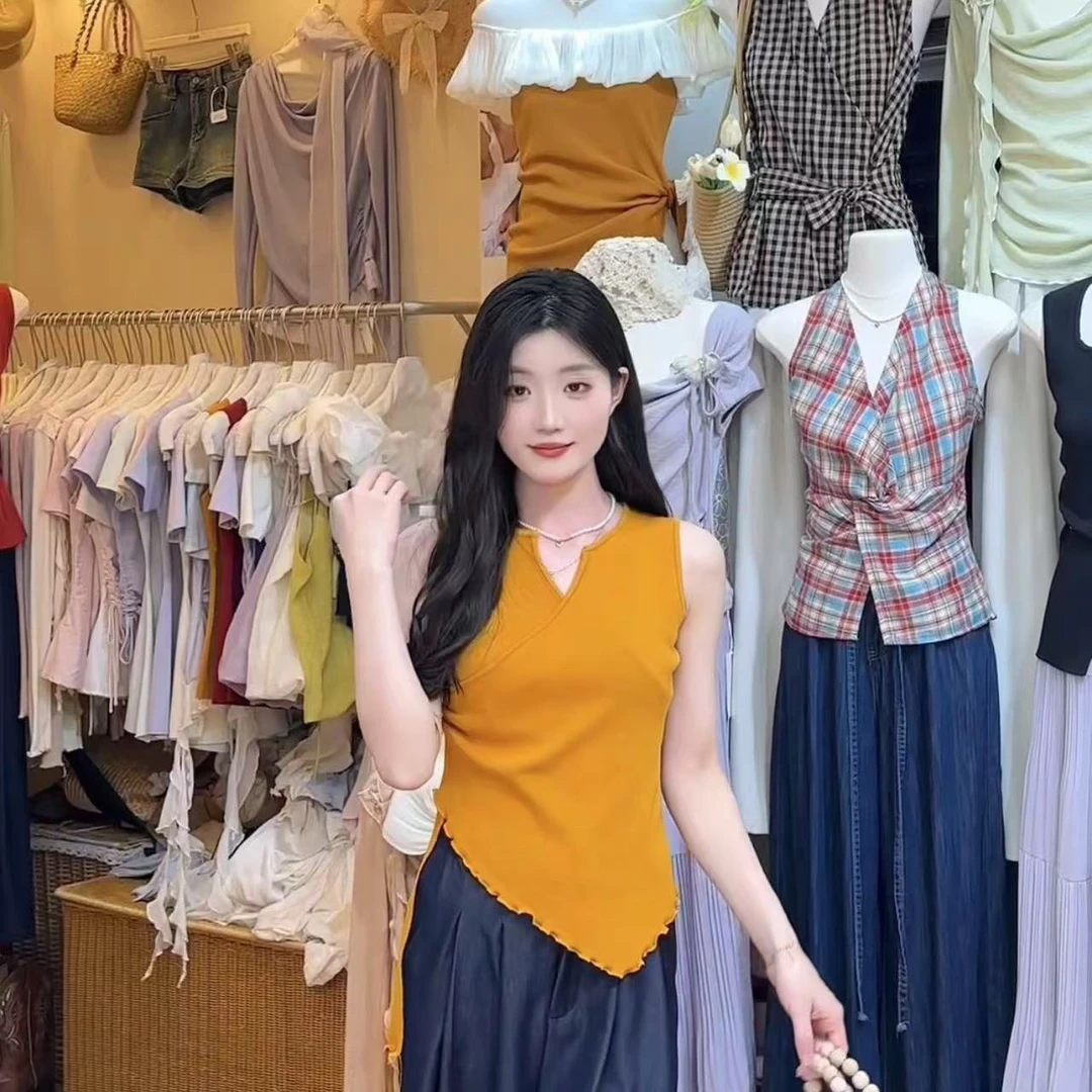 设计感V领针织背心女2025夏季新款甜美不规则修身飘带无袖上衣女