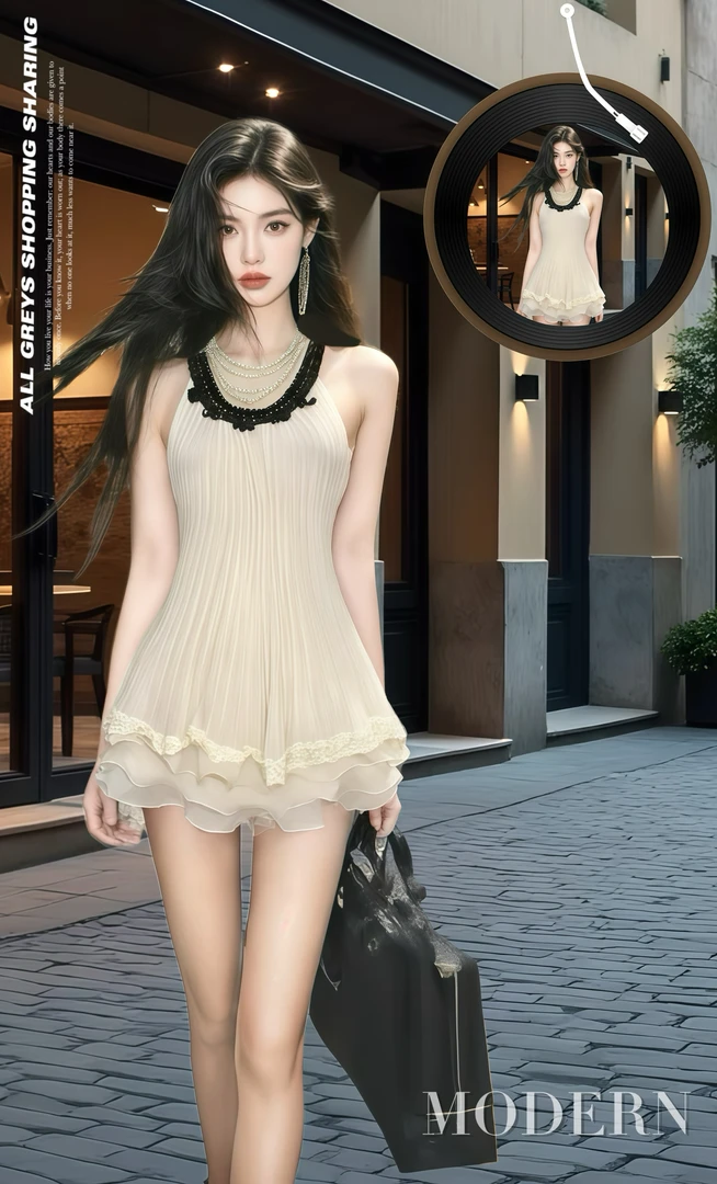 超仙不规则蕾丝雪纺吊带背心女夏纯欲辣妹挂脖抹胸连衣裙套装