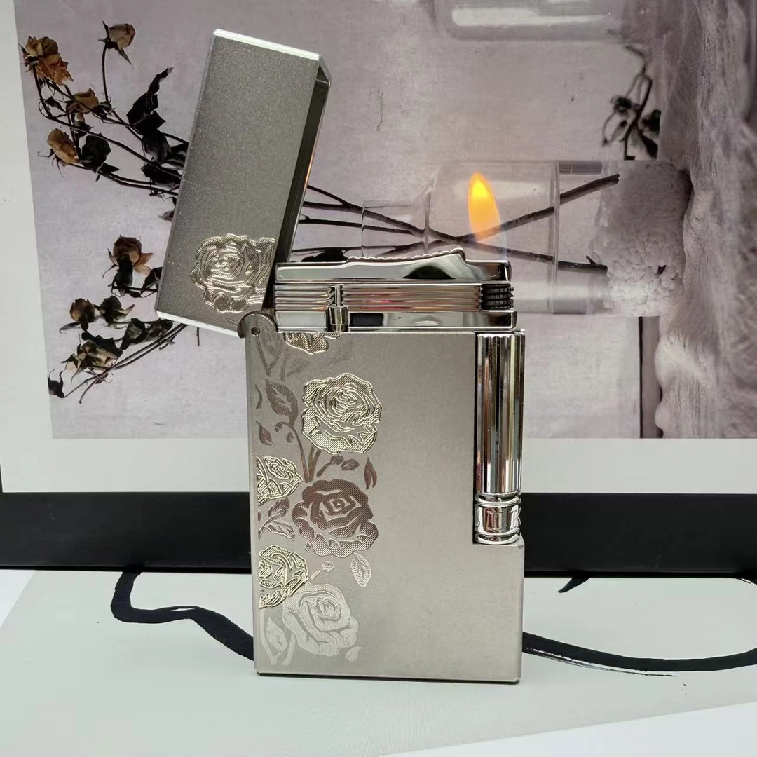 手雕玫瑰之约古银风磨砂纯铜朗声钢音侧滑加气双色打火机雕刻