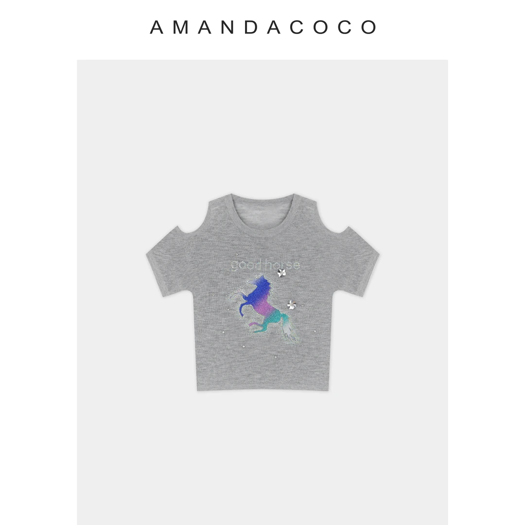 梦幻奇遇～夏季薄款烫钻小马印花显瘦露肩短袖针织衫