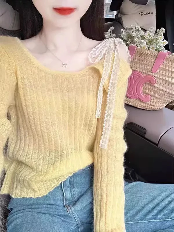 温柔风露肩性感蕾丝飘带针织衫上衣女春夏季薄款罩衫女爆款2025新
