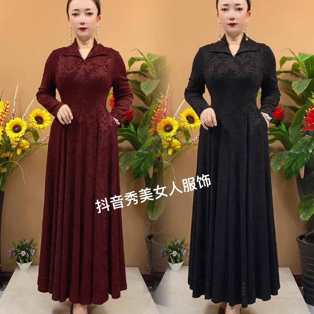 2826秋季新款纯色翻领弹力提花遮肚显瘦过膝大摆中年妈妈长裙有兜