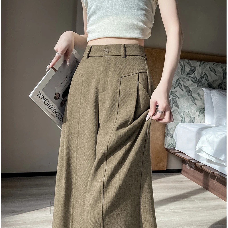 百搭阔腿裤女夏季薄款2025新款爆款垂坠直筒宽松卡其色高腰裤子