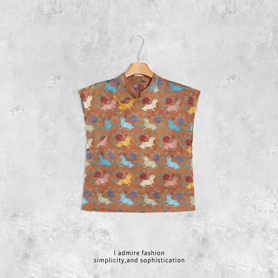 温温【韩里】夏季新中式T恤女气质短袖提花圆领斜襟上衣967