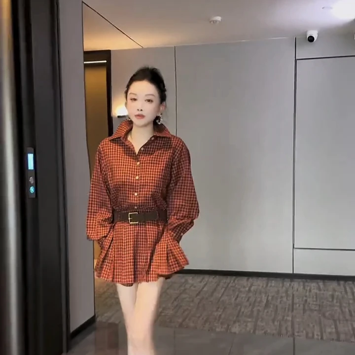 时尚复古格子衬衫百褶打底裤气质显瘦百搭套装格纹长袖休闲长款