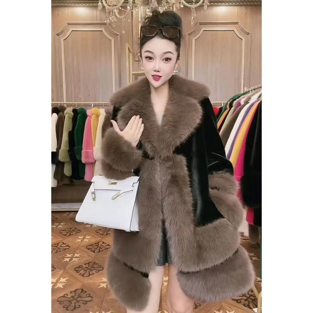 1229新款欧貂绒过膝皮毛一体外套中长款女