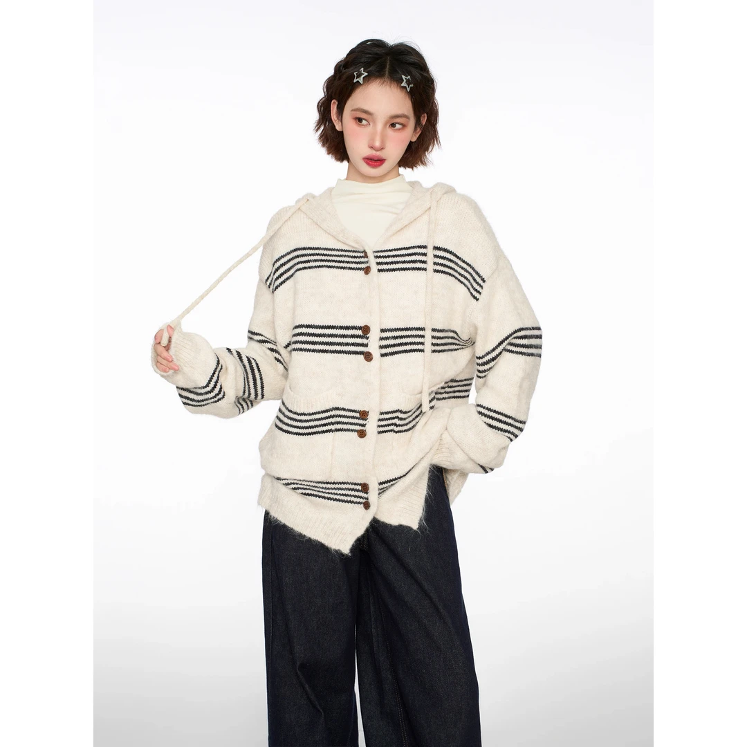 条纹连帽针织开衫毛衣女春秋冬季加厚宽松慵懒风外穿卫衣外套