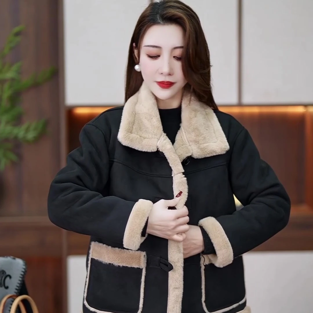 百搭洋气麂皮绒皮毛一体外套女2024秋冬季小个子保暖加厚长袖上衣