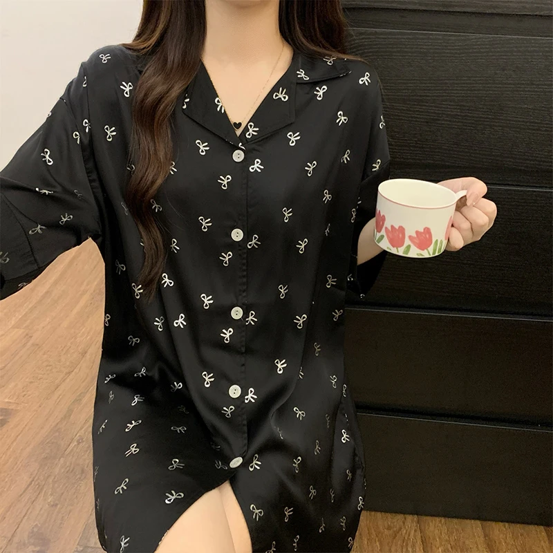 短袖睡裙女款夏季冰丝2025新款小蝴蝶结性感宽松高级感黑色睡衣裙