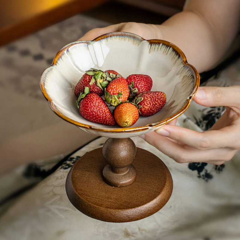 小悠家 复古花朵高脚盘木质果盘茶几糕点干果盘陶瓷甜品台摆件