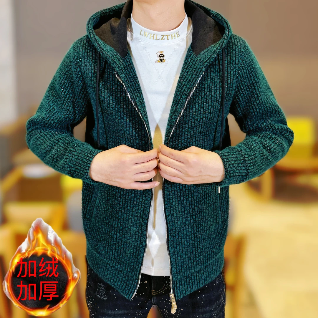 2025秋冬新款男士时尚百搭加绒加厚连帽双拉链针织提花夹克外套