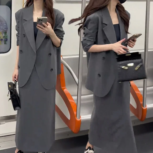 时尚女性休闲套装2025初秋新款优雅双排扣西装外套裙两件套