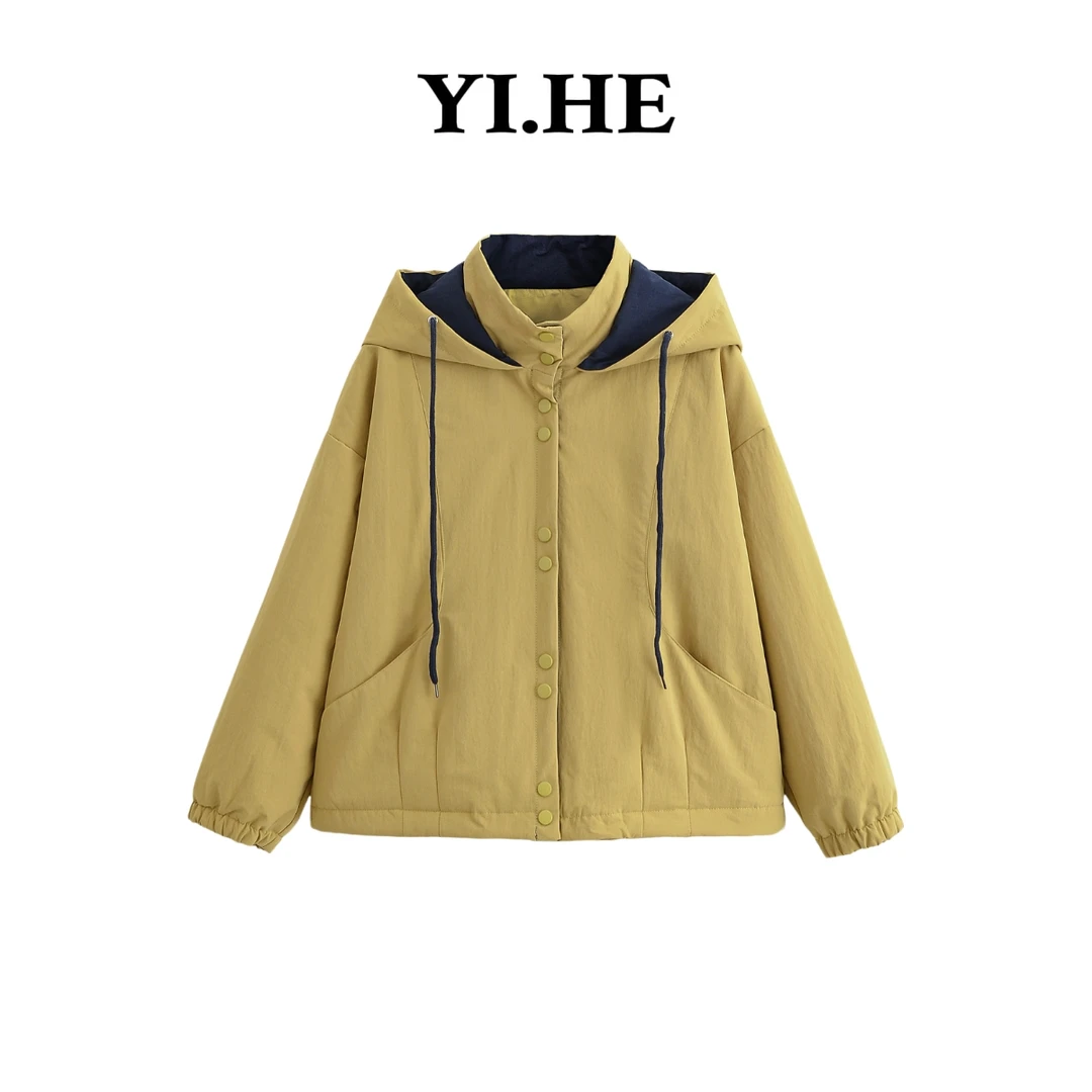 YIHE/2025新款长袖连帽冲锋衣棉服女休闲防风短外套包袖拼色冬季