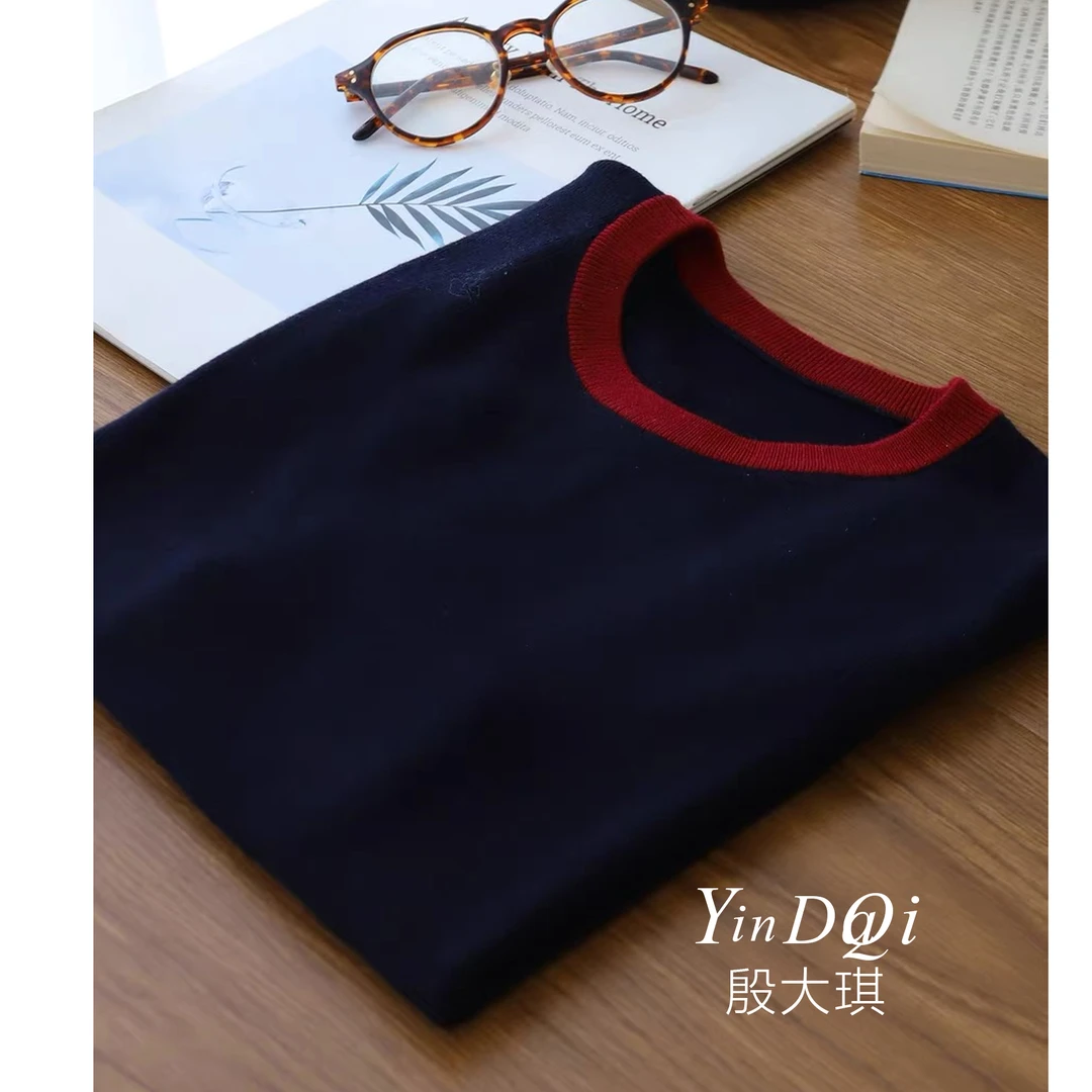 ~ 早秋新款 时尚拼色圆领百搭针织衫上衣短袖打底衫女 2121