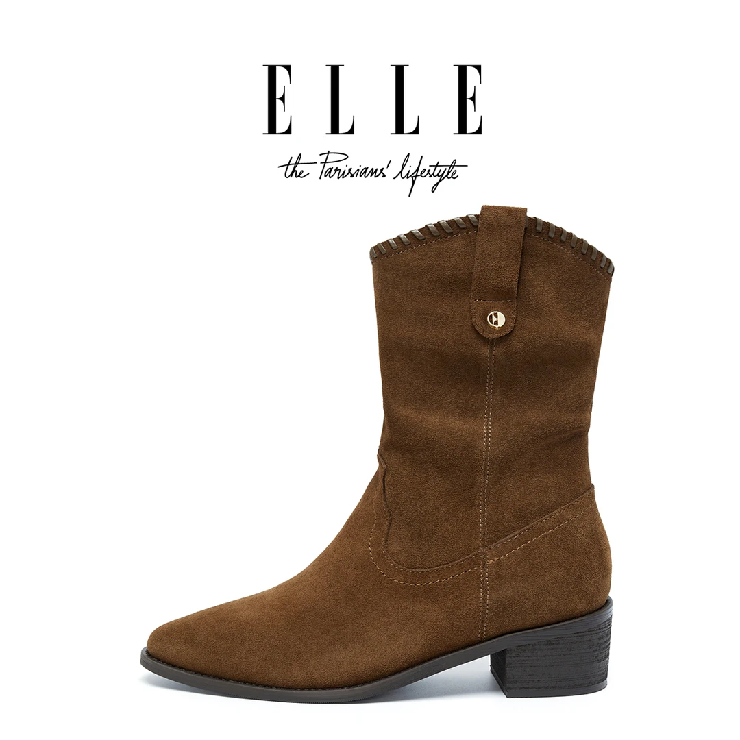ELLE琥珀流光风堆堆靴女2025新款美拉德靴子西部牛仔靴中筒马丁靴