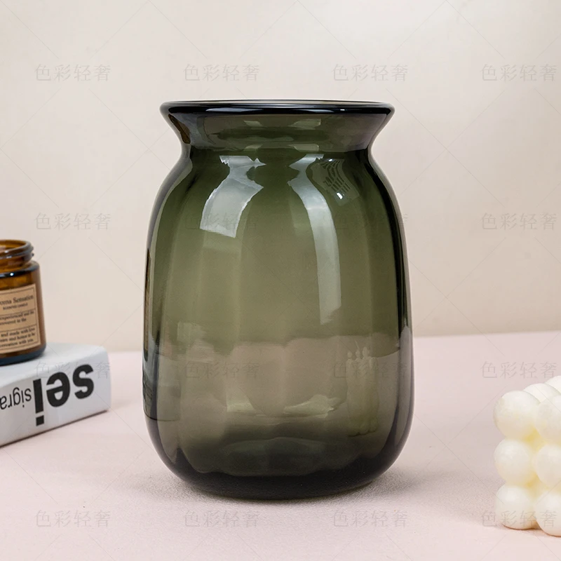 L686 北欧风格复古玻璃花瓶加厚彩色直棱条纹家居装饰花器
