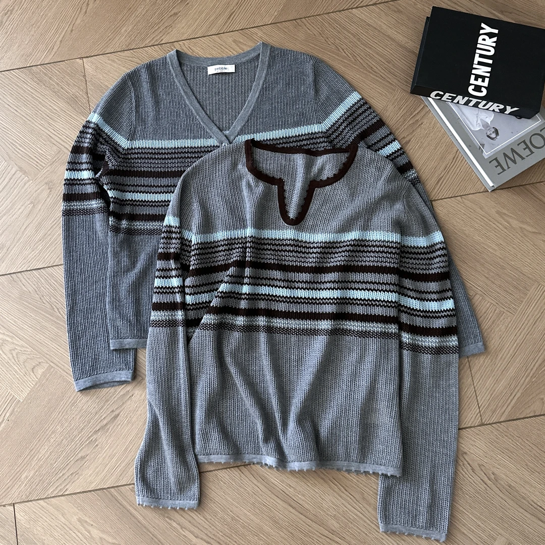 【米可家】剪刀领撞色条纹针织衫61070