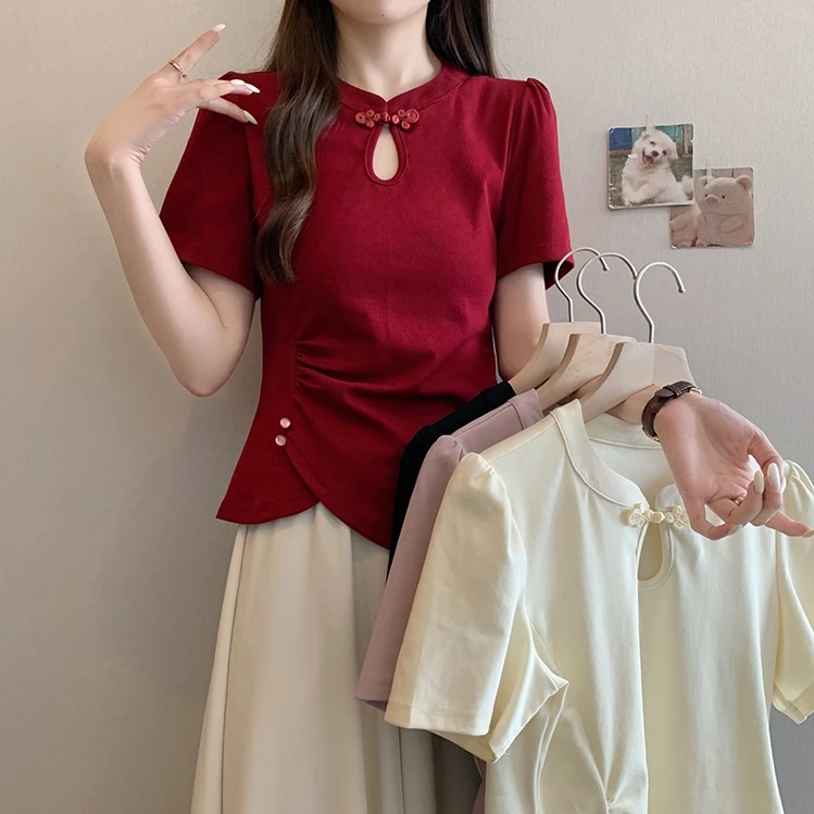 TJ023专享大码微胖2025夏季设计感短袖新中式上衣显瘦气质国风T恤