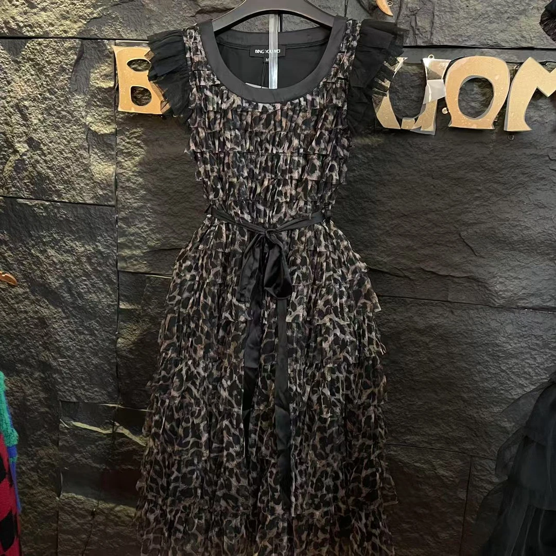 豹纹圆领飞飞袖蛋糕裙--新款显瘦设计大码蛋糕裙宽松女装连衣裙