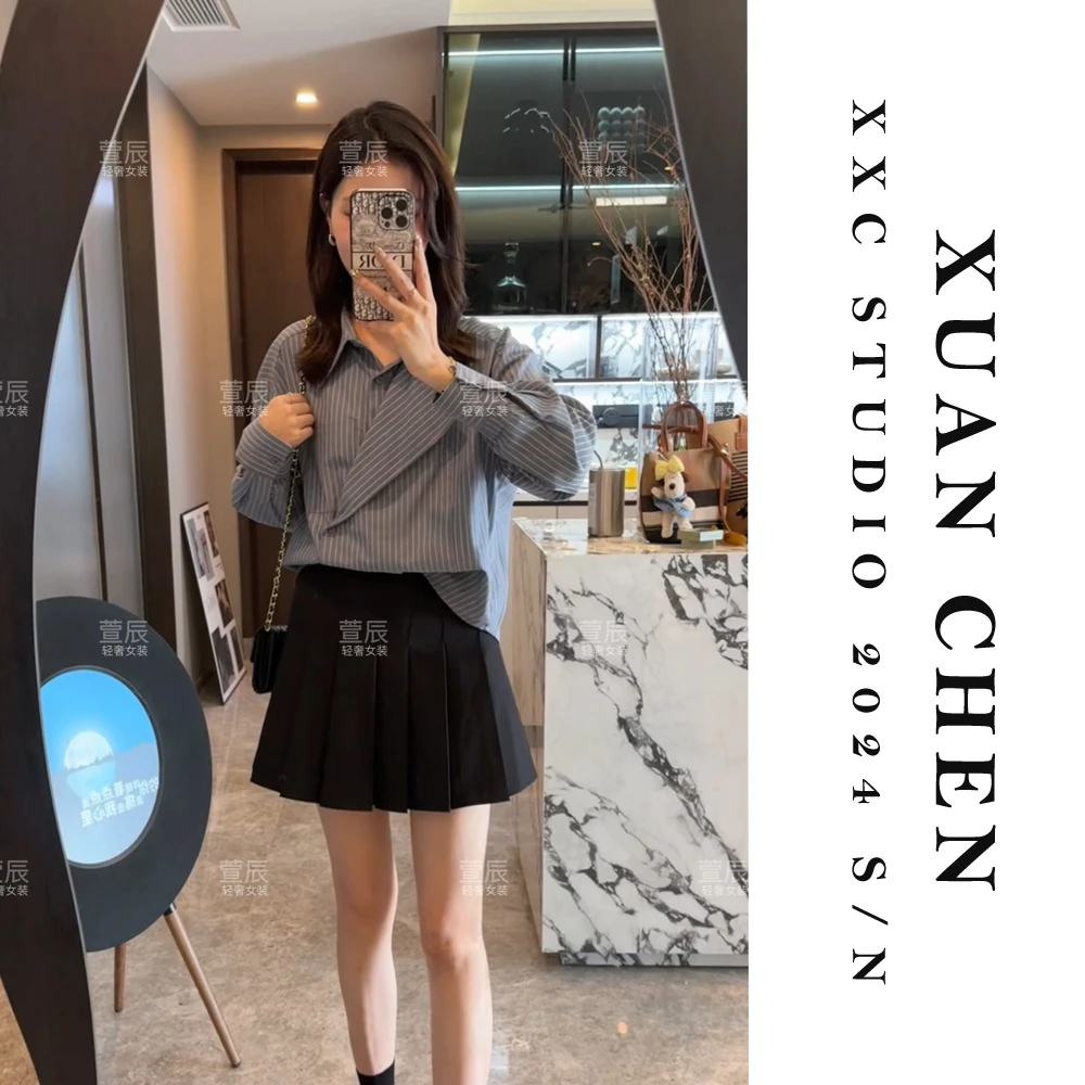 【自由旋律】春秋设计感轻奢长袖衬衫时尚显瘦竖条纹通勤衬衣#3316