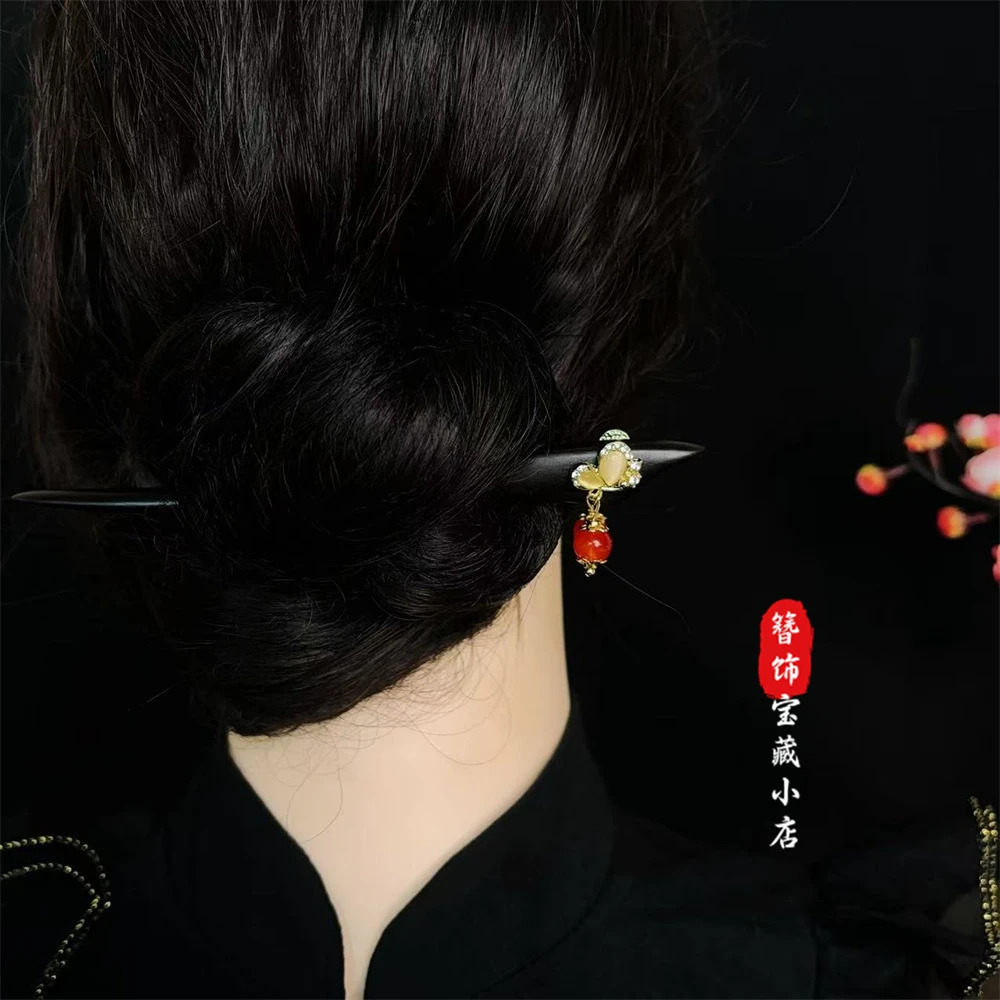 15公分红色双面蝴蝶紫光黑檀木发簪新中式汉服旗袍发饰簪子中国风