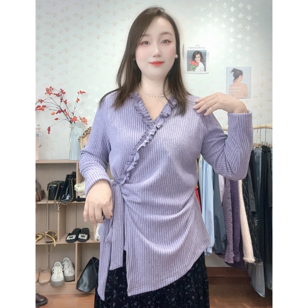 定制大码女装加长遮肚显腰身木耳花边拼接V领绑带磨毛上衣打底衫