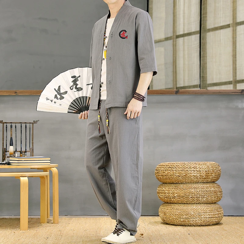 夏季新款男士短袖T恤中国风棉麻套装国潮复古中式唐装休闲两件套