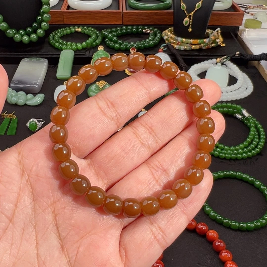 和田玉（糖玉）未镶嵌手串老红糖7/8mm极限弧手串