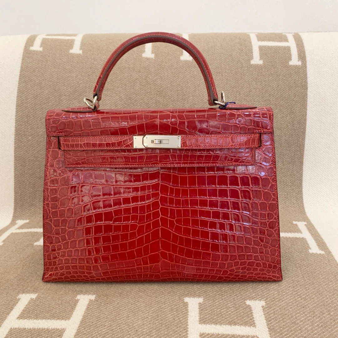 99新 Hermes/爱马仕 Kelly32 法拉利红 银扣 亮面鳄鱼 框H