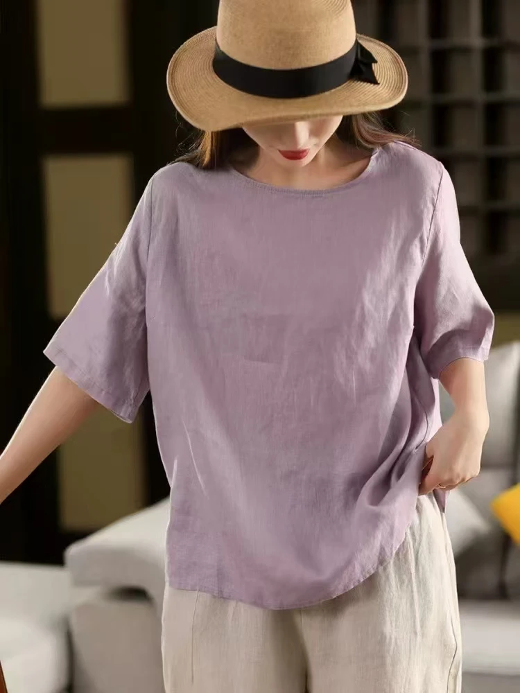 100%砂洗亚麻五分袖纯色短袖圆领T恤简约设计文艺