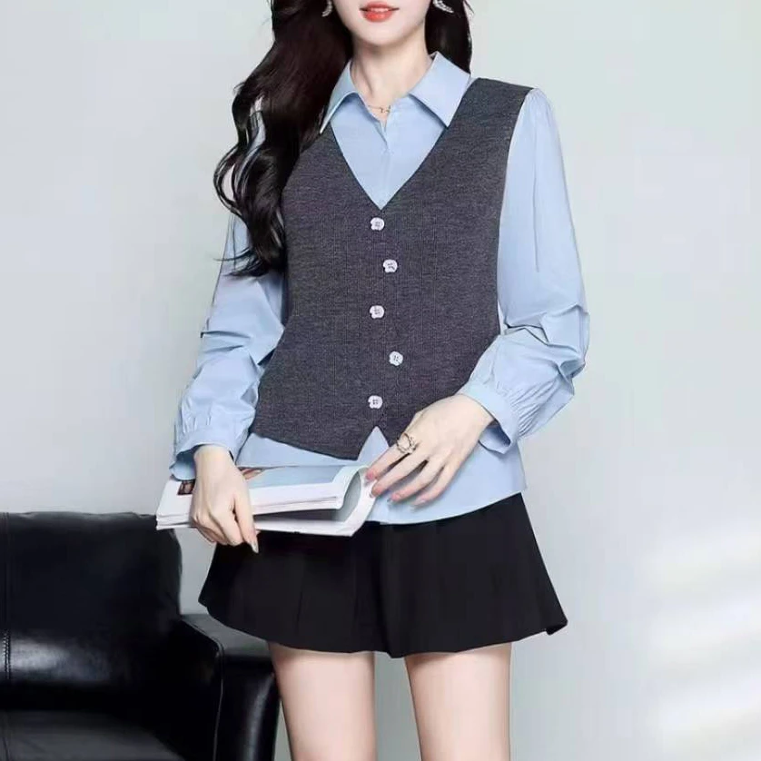 【邂逅】知性蓝时尚感爆棚假两件叠搭创意衬衫CC5529衣长63