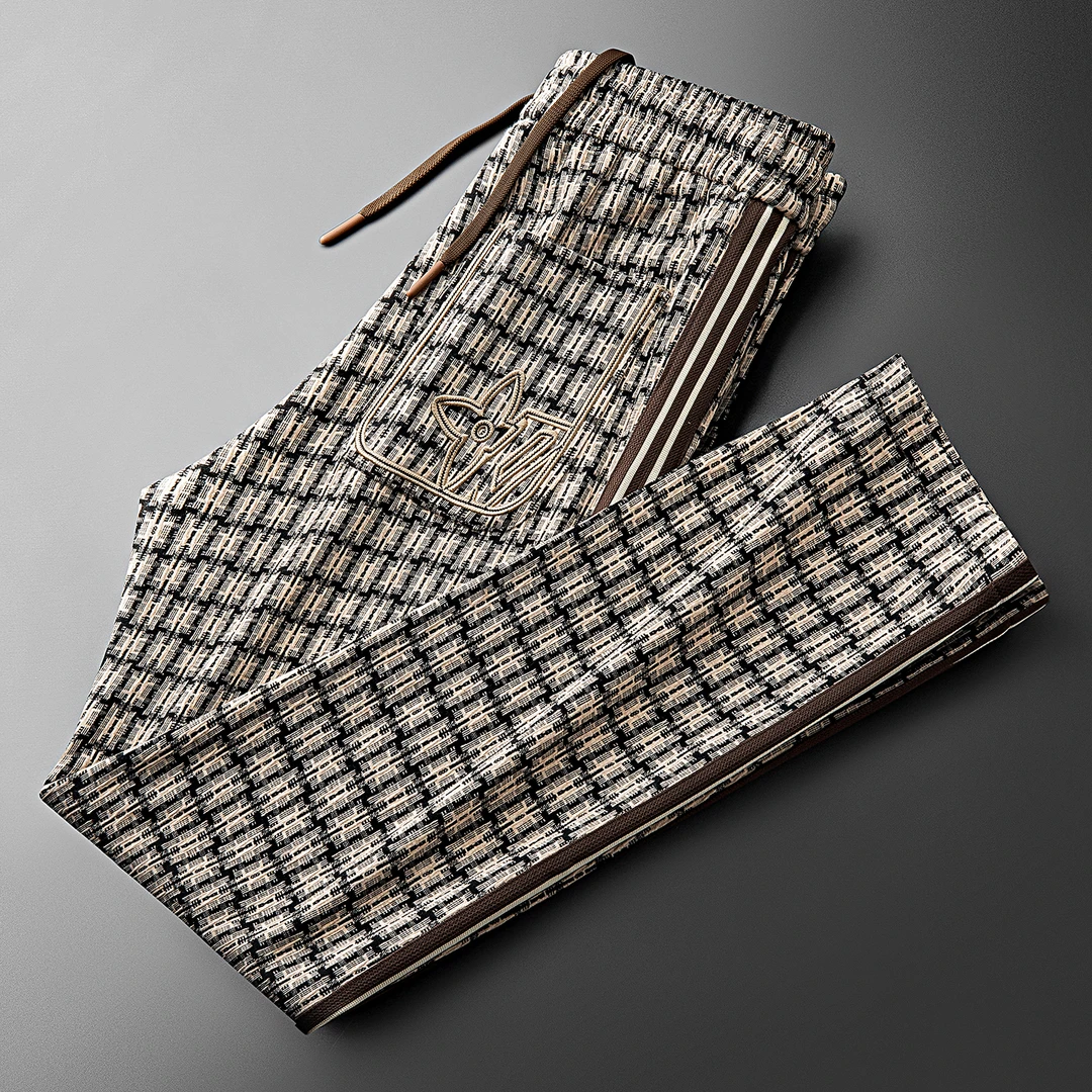 卡因耶查秋冬时尚潮流休闲裤格纹提花运动裤撞色织带男士直筒卫裤