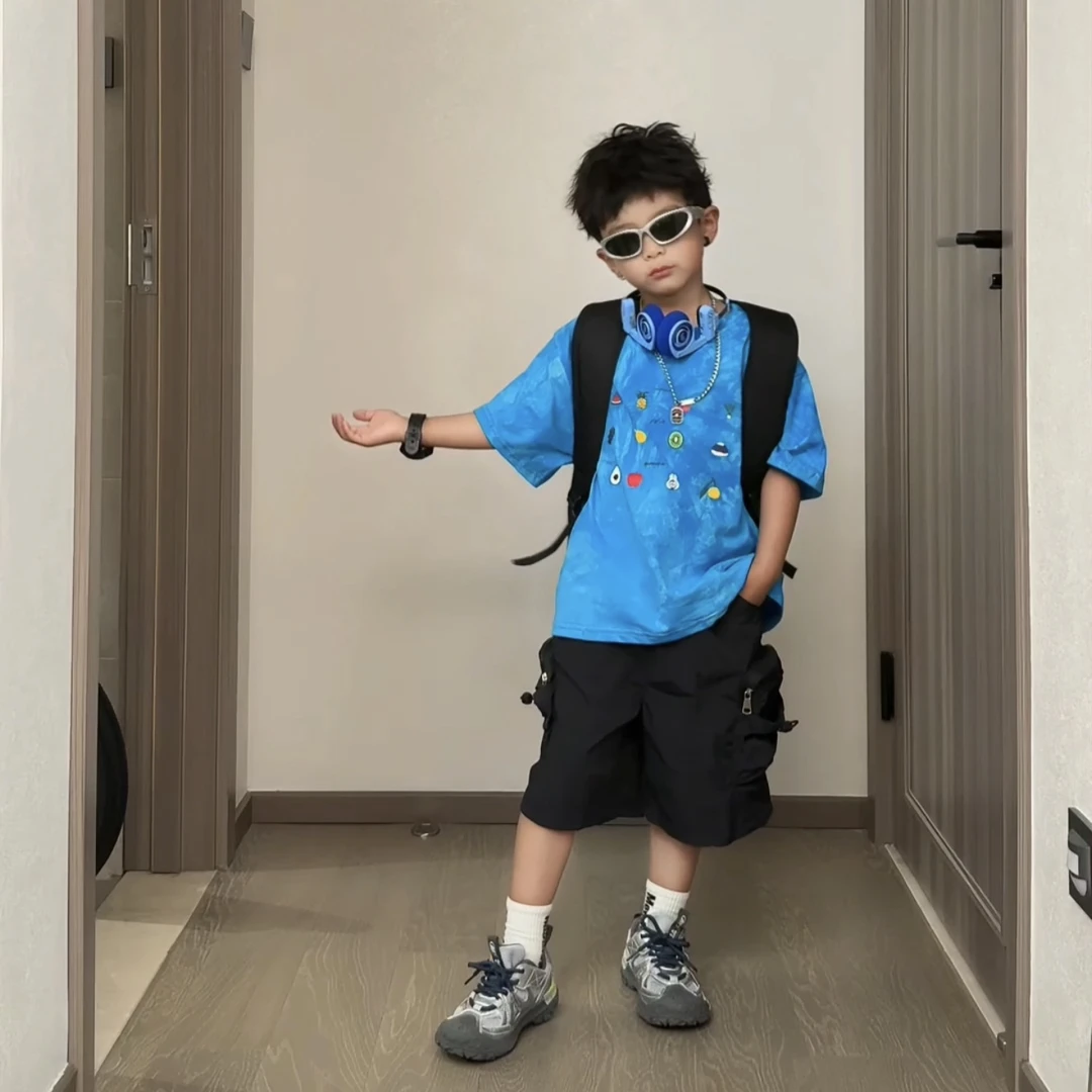 印花夏季男常规男童夏季T恤套装夏装套装拼接休闲SZ