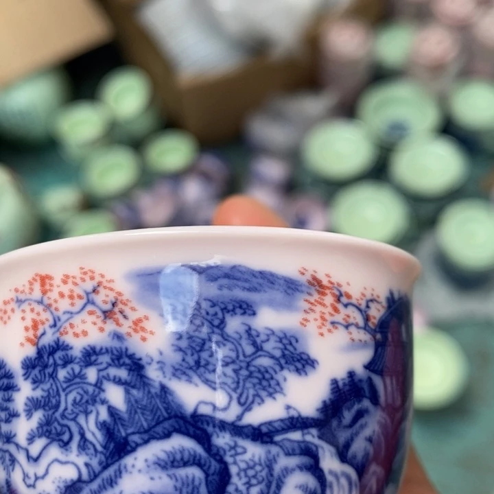 盘陶瓷红稀土山水釉里红小杯