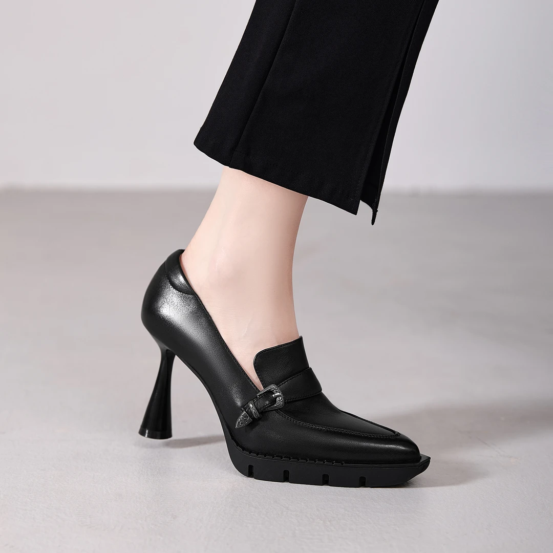 玥小姐9cm细跟尖头防水台单鞋小个子气质高跟鞋职业百搭真皮女鞋