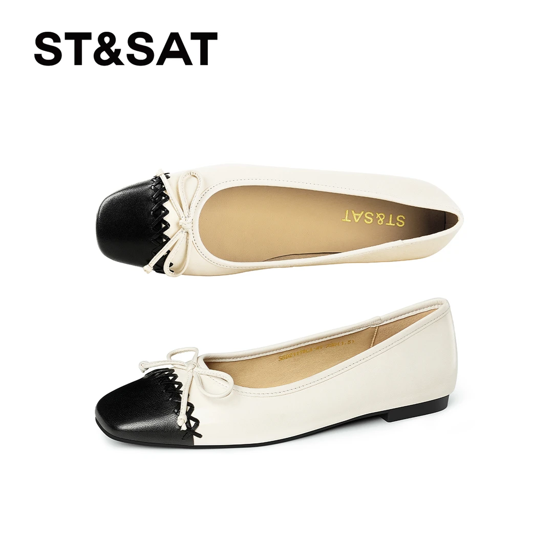 星期六平底浅口单鞋拼接芭蕾舞鞋小香风晚晚鞋蝴蝶结百搭玛丽珍鞋