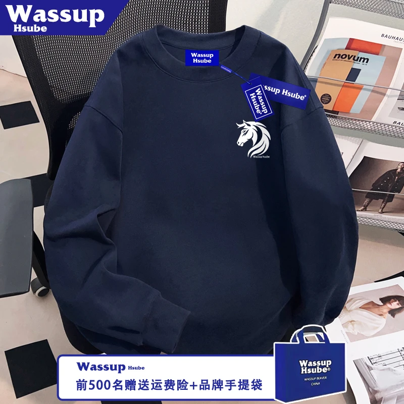 WASSUP HSUBE秋冬100%纯棉藏青上衣ins创意小马头印花男款长袖T恤