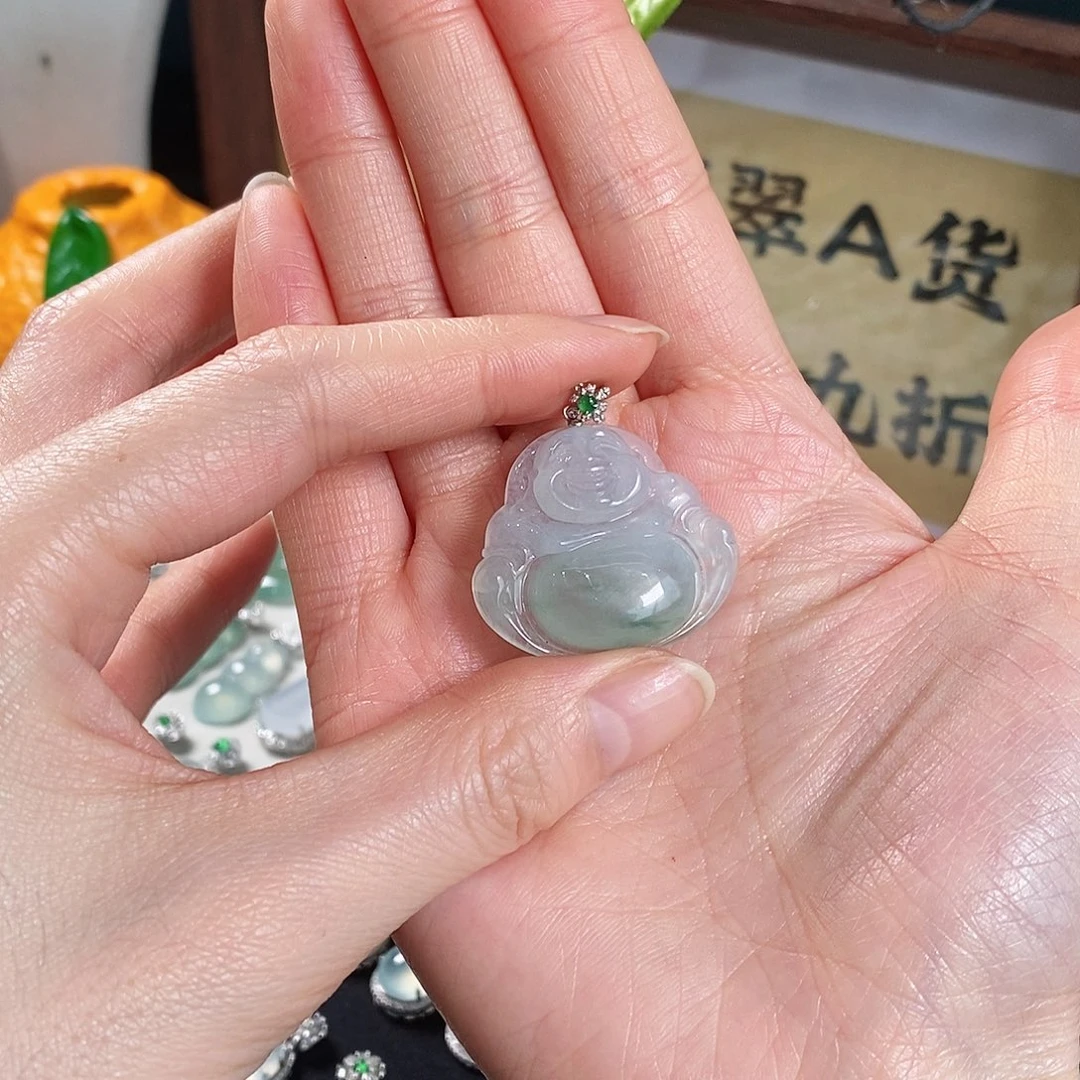 翡翠18K金镶嵌颈饰天然缅甸翡翠吊坠佛公