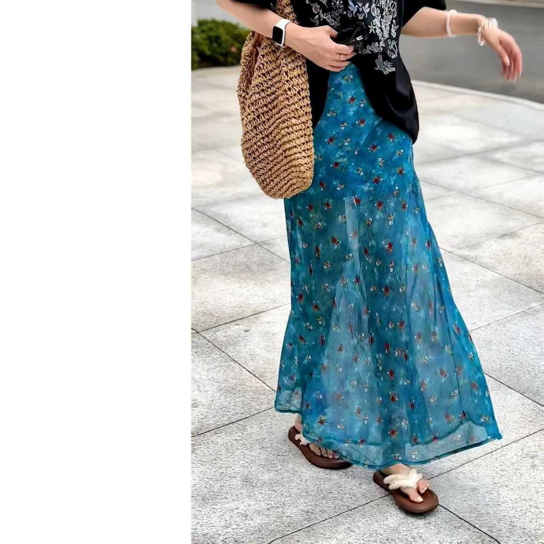 墨迹姐高个子加长“蓝色碎花”雪纺鱼尾半身裙女夏季百搭中长裙