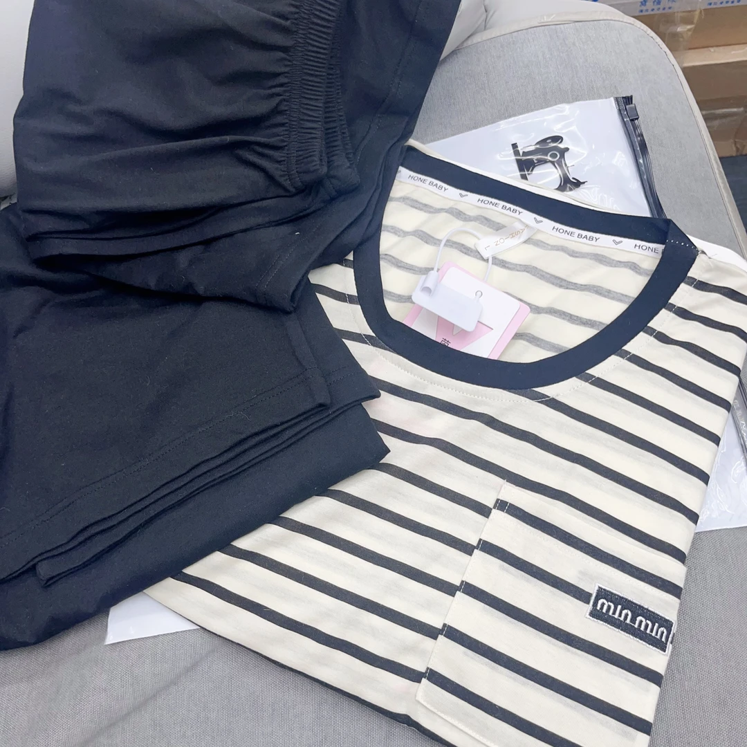 【R575】夏款男士套头条MiN系黑色短袖短裤+长裤套装夏季条纹上衣