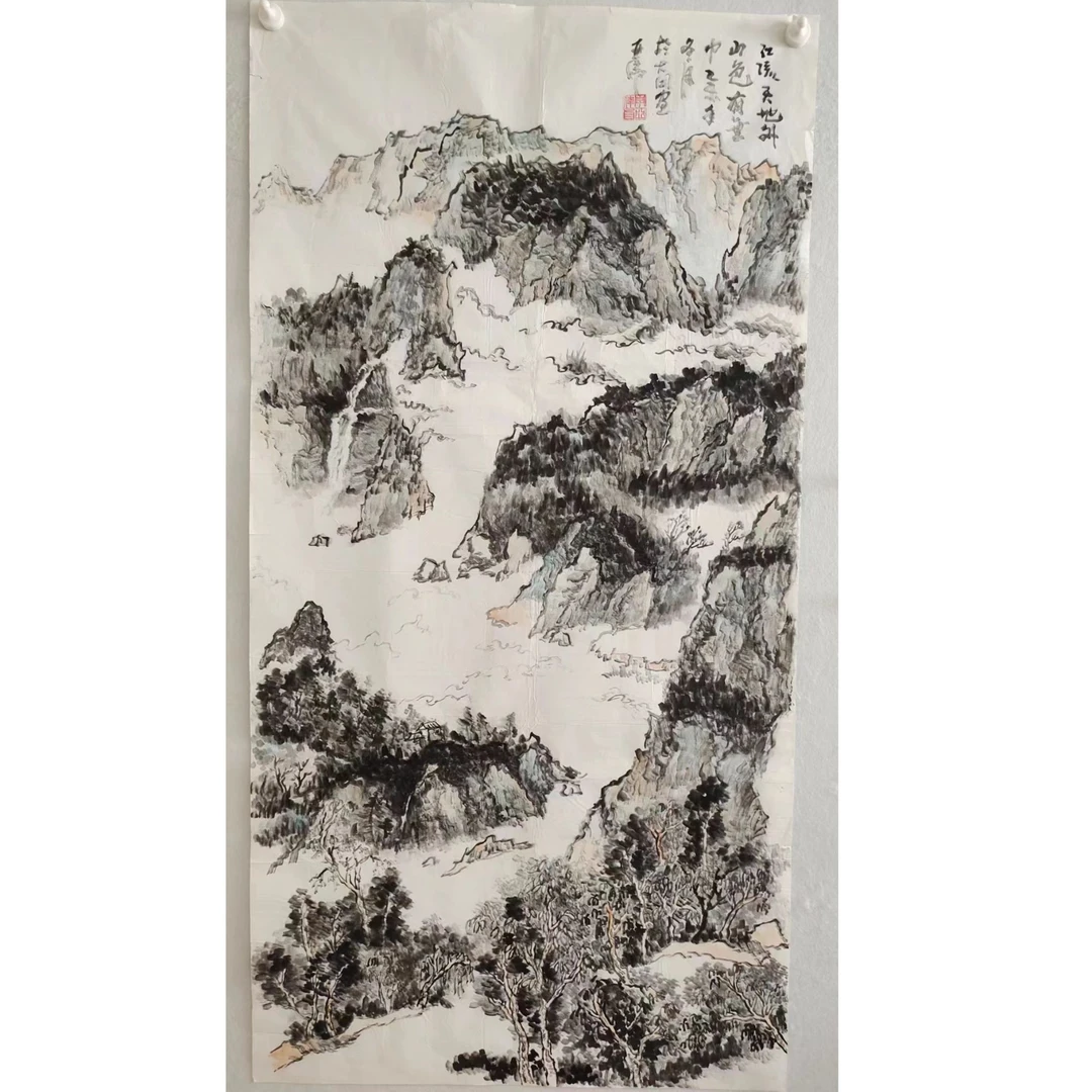 33 纯手绘老字画《山水》中堂  尺  137×68