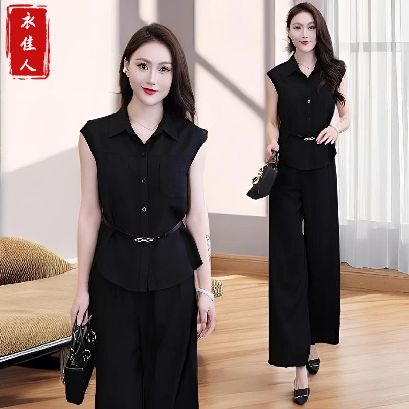 时尚气质套装女2025夏季新款洋气收腰显瘦无袖衬衫上衣高腰阔腿裤