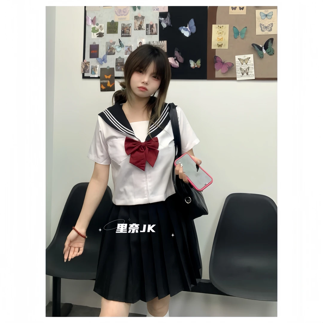 【白桃噗】日系学院风JK水手服绀领白二本jk制服短裙黑领套装甜美风